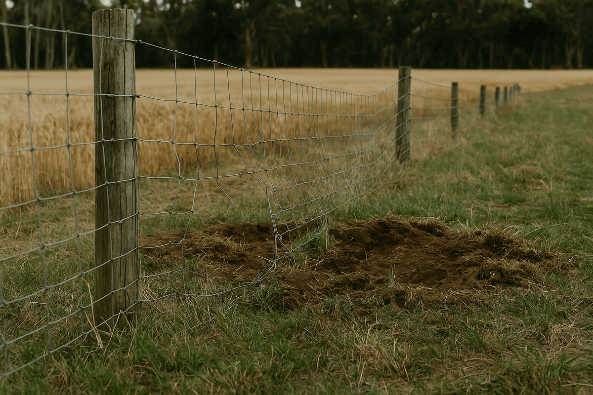Pig damage along a fence line on a WA farm — rooted earth beside wire fencing