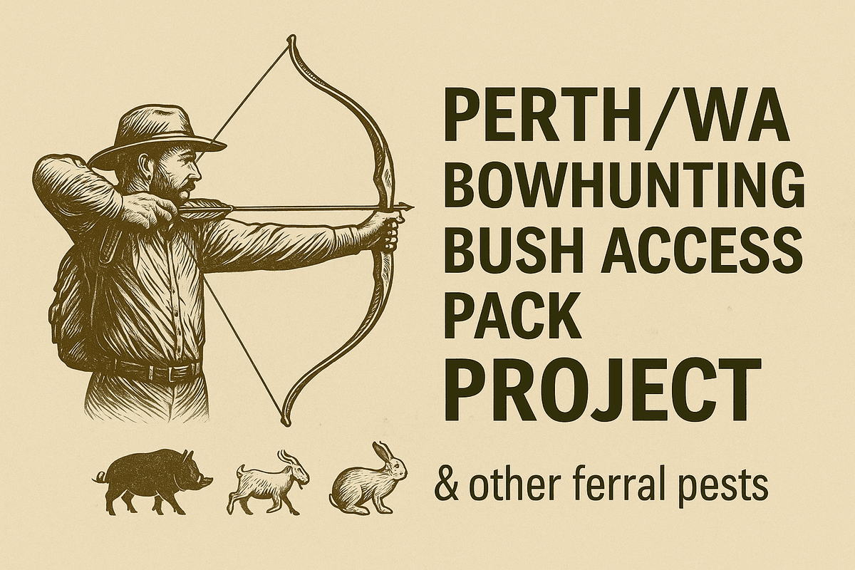 Drawn Bush — Perth/WA Bowhunting Bush Access Pack. Vintage illustration of a bowhunter with animal silhouettes.