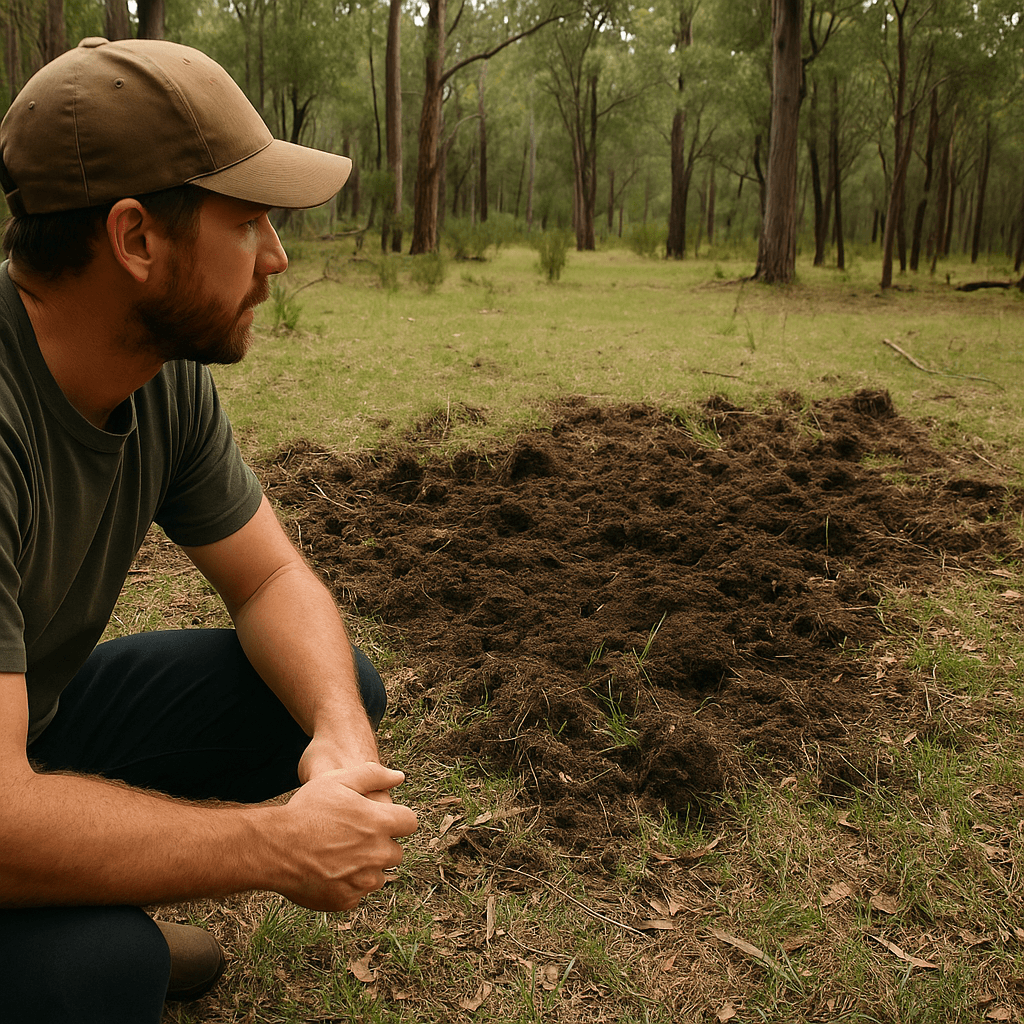 A hunter crouches to inspect fresh pig rooting in the jarrah forest